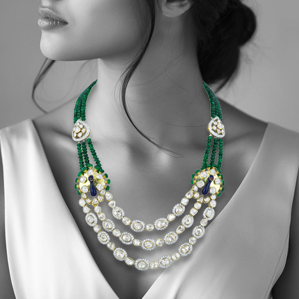 Three-Strand Polki Necklace with Emeralds and Enamel Peacock